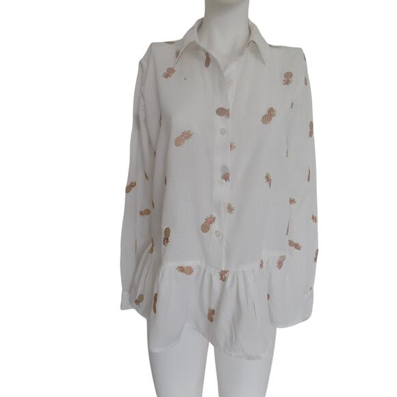 DKNY peplum blouse long sleeve embroidered pineapples size Small NEW - Picture 3 of 12